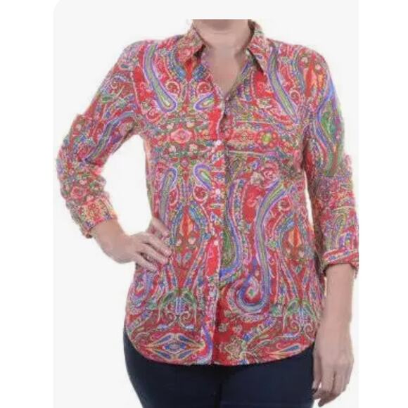 Lauren Ralph Lauren Womens Cotton Paisley Button Down Shirt 3/4 Sleeves Size L - Picture 1 of 7